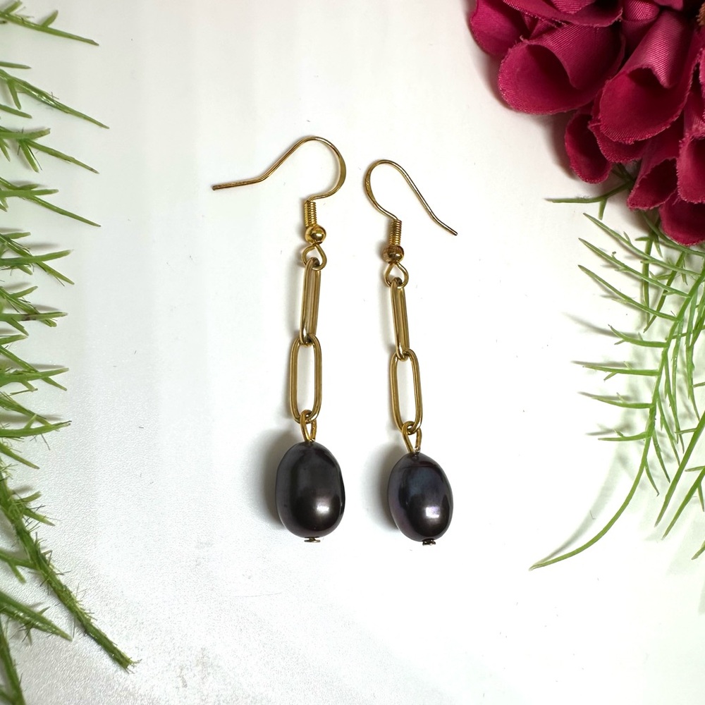 NEW⚜️Tahitian Freshwater Pearl Chain Dangly Earrings
